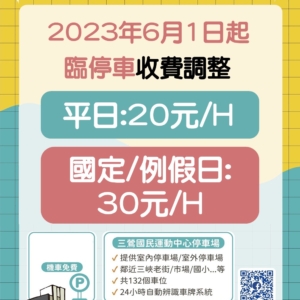 新北市三鶯國民運動中心-臨停車收費調整